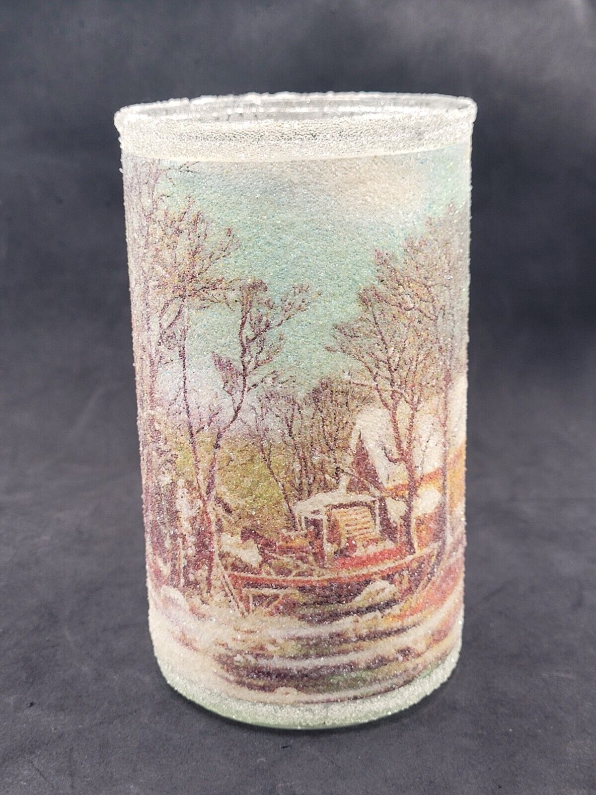 Vintage Currier And Ives Sugar Frosted Candle Holder Winter Scene MCM