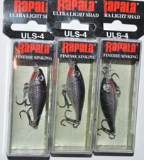 3 lures rapala uls-4 uls04 ultra light shad crankbait 1.5" 1/8oz chrome sinking