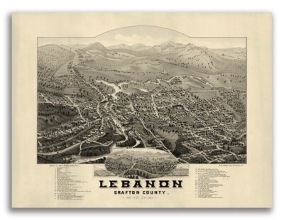 Bird's Eye View 1884 Lebanon New Hampshire Vintage Style City Map - 20x28