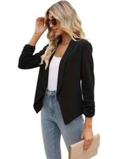 Chic New Woman Casual Black Open Front Blazer Draped Lapel Style, 3/4 Sleeve Sm.