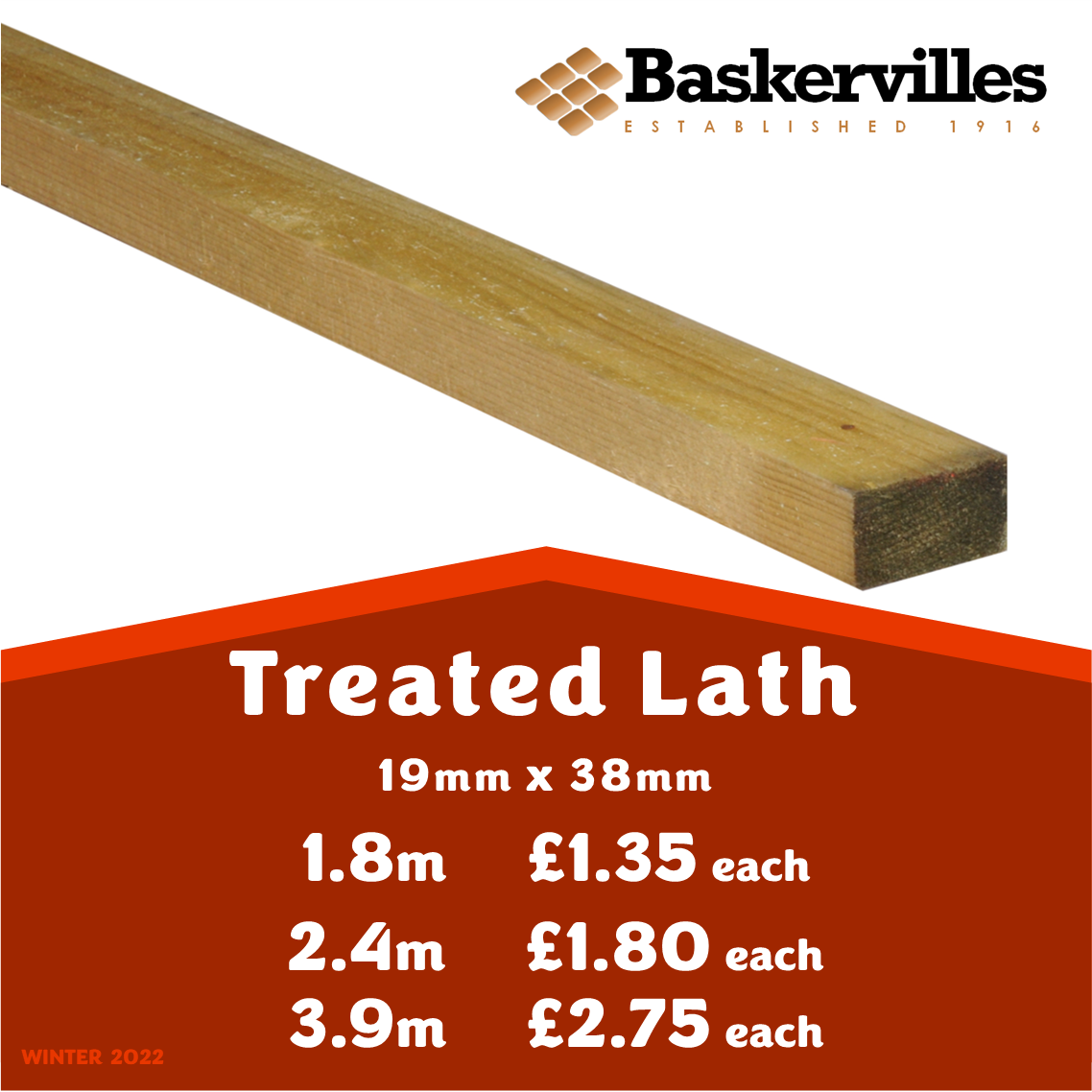 Treated Timber Roofing Lath Batten 38mm x 19mm x 1.8m (6ft) £1.35 ea