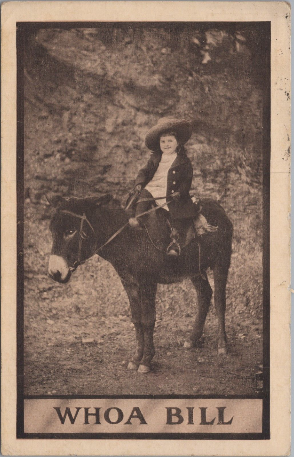 Cartolina Whoa Bill bambino su Burro Mule Pony Hat c1910s 12825a