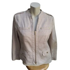 Jones New York Blazer Jacket Top Cream Beige Size 10 Stretch Full Zip Military