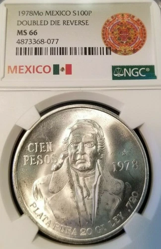 1978 MEXICO SILVER 100 PESOS S100P DOUBLED DIE REVERSE NGC MS 66 HIGH GRADE !!!