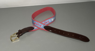 Vineyard Vines Fish Bones Canvas Leather Belt Size 30 Brass Buckle