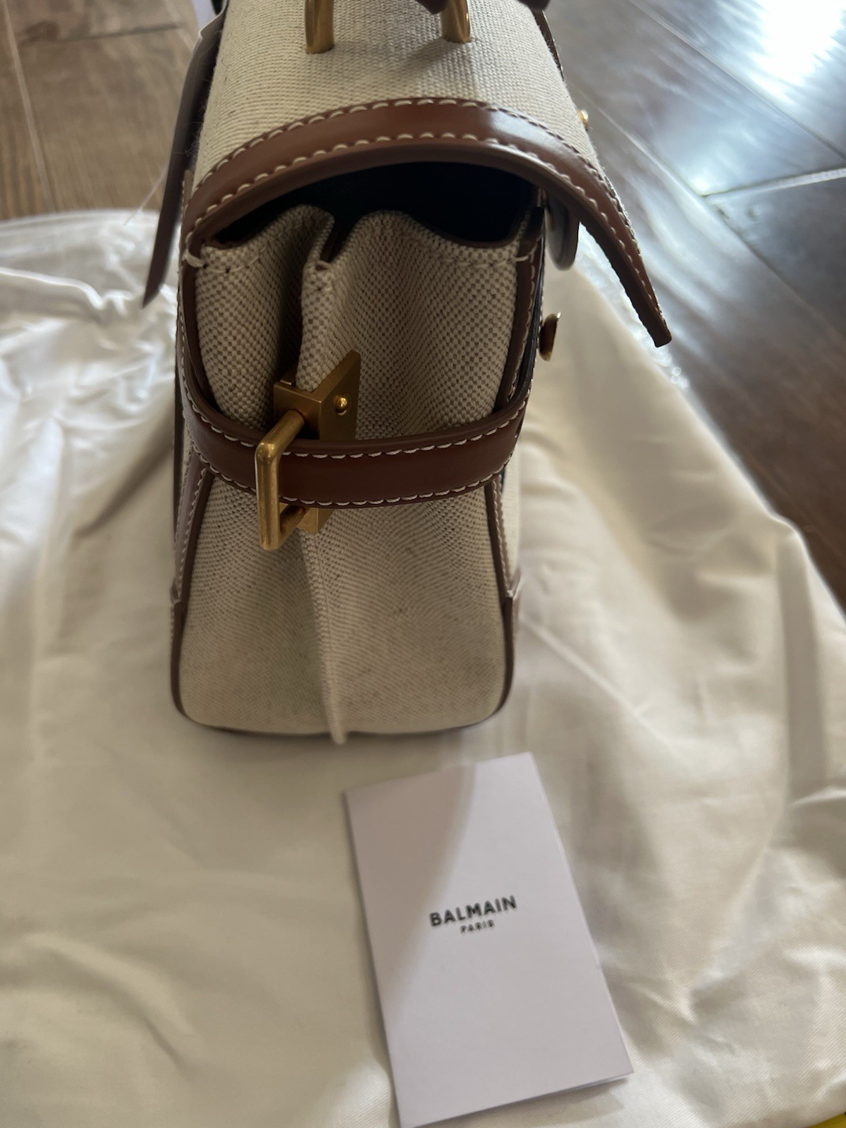 Balmain B-Buzz 23 Logo Canvas & Leather Top Handle Bag Natural image 9