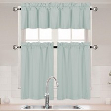 3 Piece Solid Color 100 Blackout Kitchen Window Curtain Set with Tiers and V...