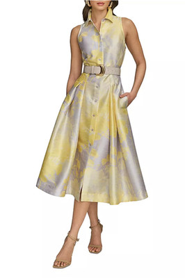 NWT Donna Karan Belted Floral Sleeveless Shirtdress - Limoncello Multi, Size 4