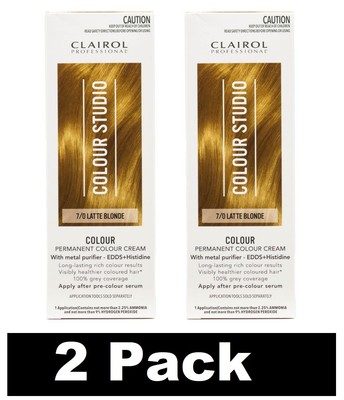 2 x CLAIROL PROFESSIONAL PERMANENT HAIR COLOUR STUDIO CREAM 7/0 LATTE BLONDE NEW