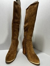 Brown Faux Suede Knee High Block Heel Zip Women's Boots Size 37