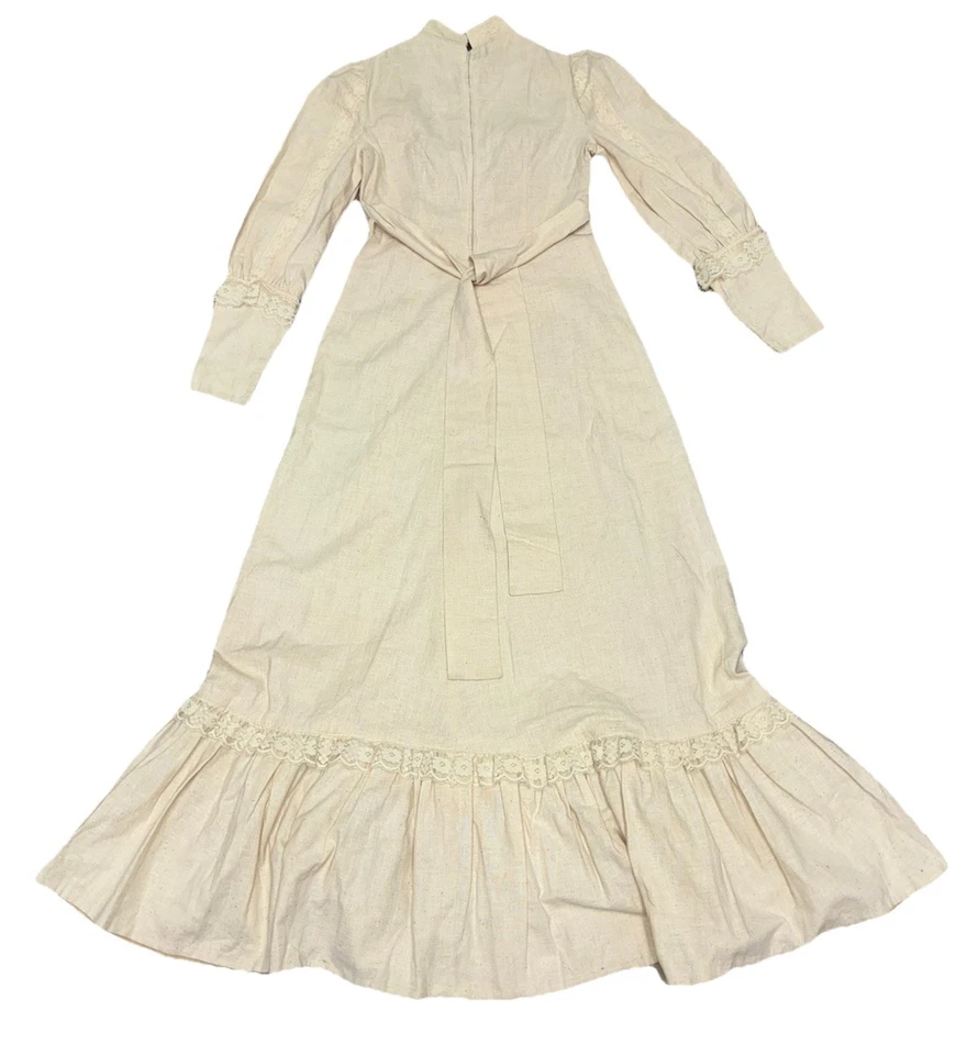 复古 70 年代长裙 XS/S 奶油亚麻混纺手工草原温和波西米亚长裙蕾丝 — 第 2/4 张图片