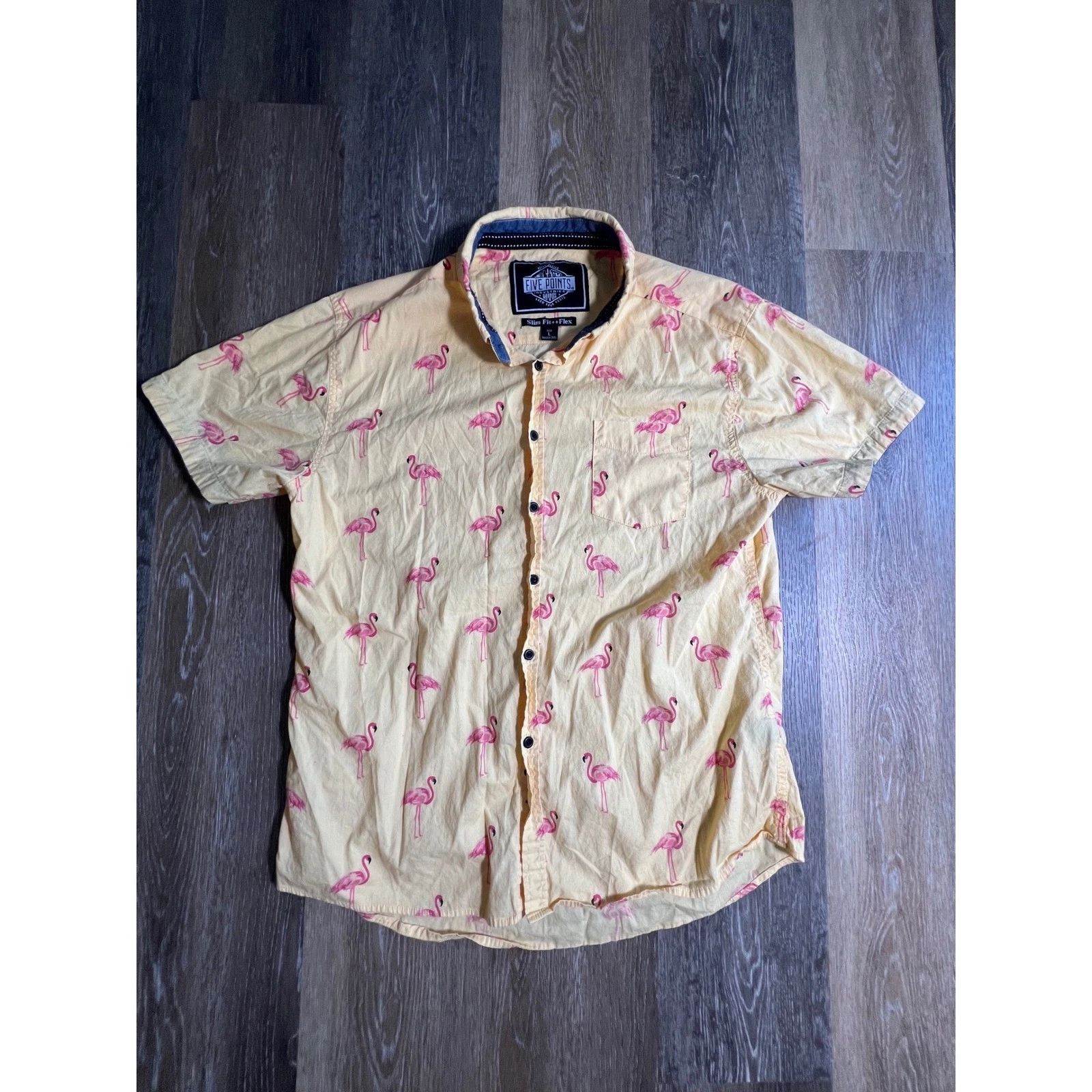 Five Points Flamingo Shirt Mens Large Yellow Slim Fit Flex Short Sleeve