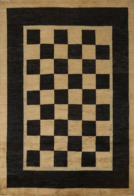 Modern Vegetable Dye Area Rug 8x10 Hand-knotted Wool Checkered Pattern Carpet