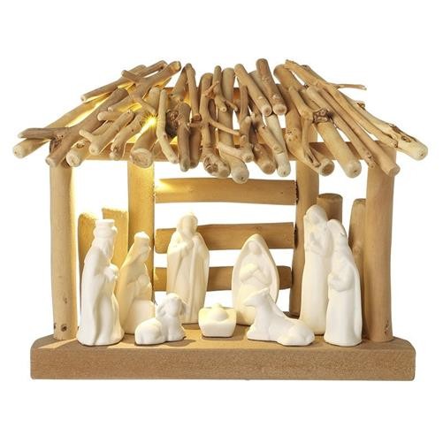 White Ceramic & Wood Nativity Scene 30x16cm
