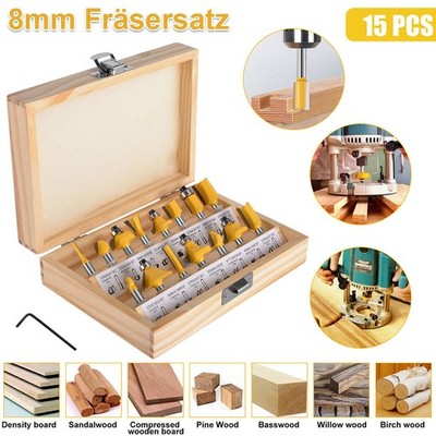 8mm Fräser Set HM 15tlg Oberfräser-Set Schaft Nutfräser für Oberfräse Holzfräser