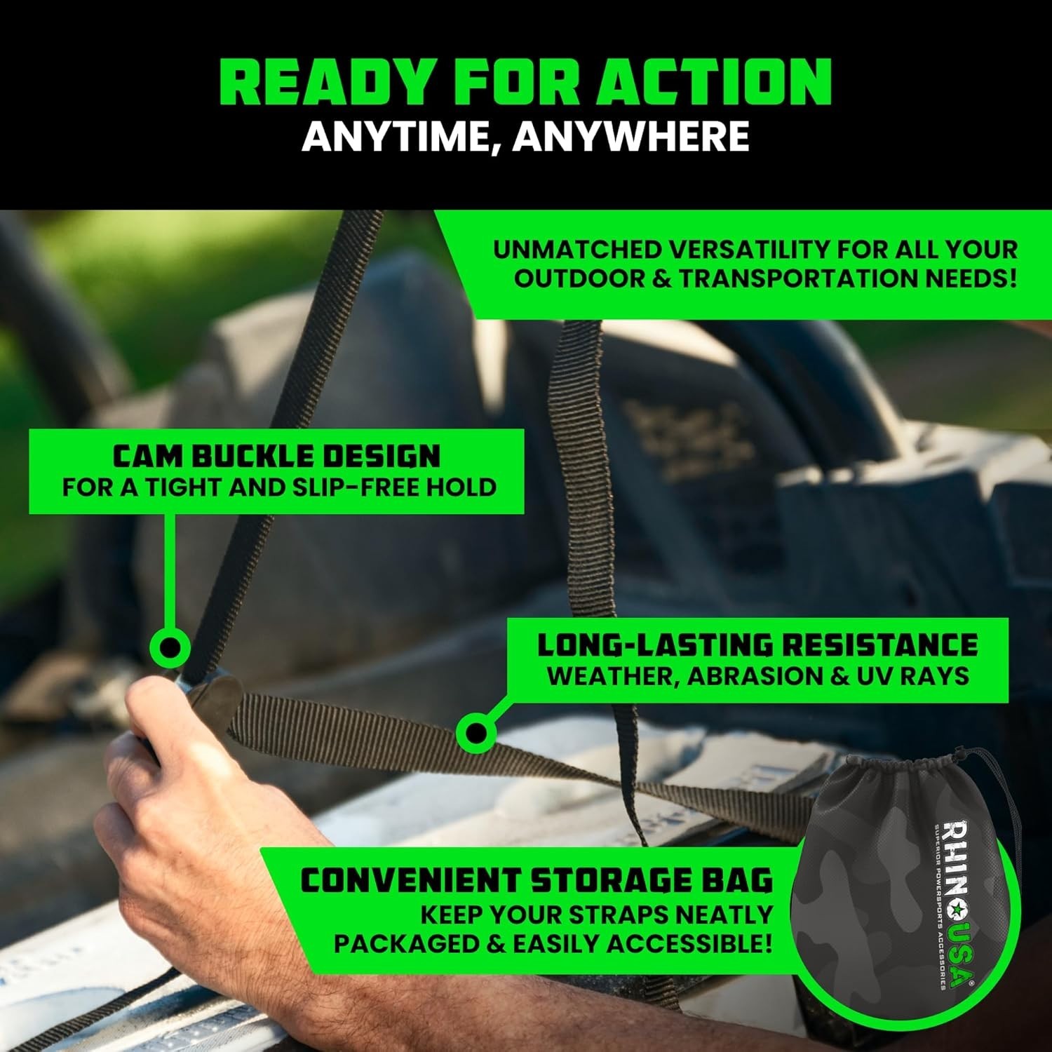 Rhino USA Ratchet Straps Tie Downs (4-Pack) - 1 Inch x 12 Feet (1,320lb Break