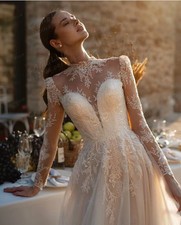 A Line Wedding Dresses Elegant Appliques High Neck Bride Gowns Illusion 
