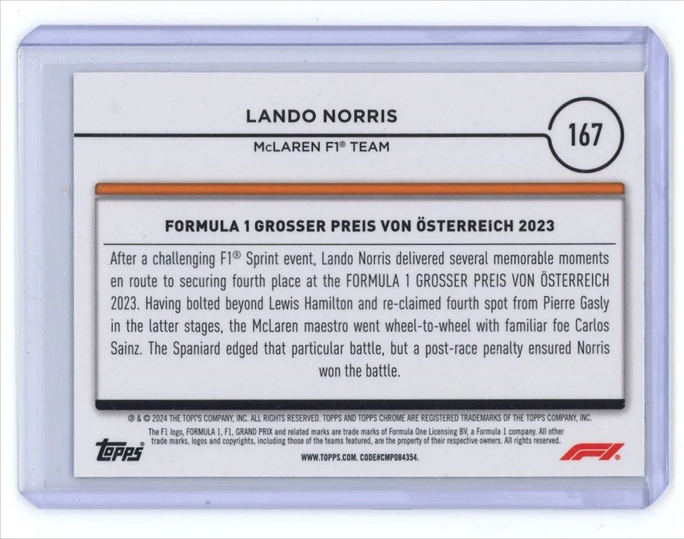 2024 Topps Chrome Formula 1 Lando Norris McLaren F1 #167 - Image 2 of 2