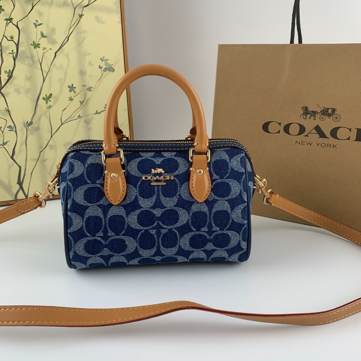 Coach Mini Rowan Crossbody Bag In Signature Denim With Cherry