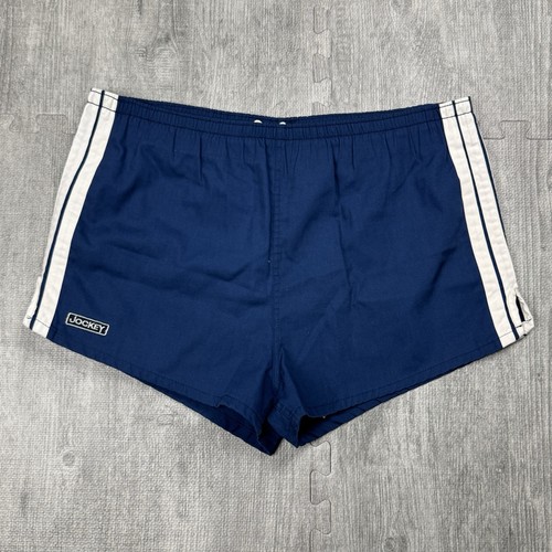 VTG 70S 80S MENS JOCKEY 3-STRIPE 2" INSEAM GYM SURF SHORTS LINED NAVY SIZE M USA