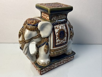 Ceramic Elephant Garden Stool Figurine Plant Stand Blue White gold tan green 8''