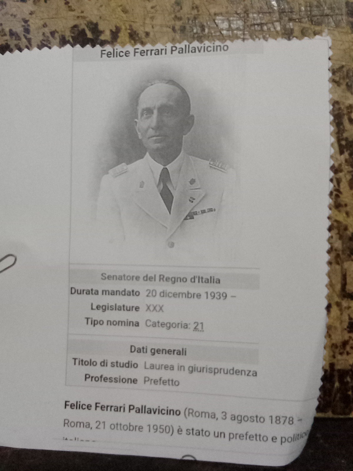 Autografo Storico 1937, Felicie Ferrari Pallavicino , Senatore, Prefetto, E...