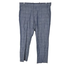 Perry Ellis Portfolio Mens Blue Windowpane Linen Cotton Modern Fit Pants 33x30