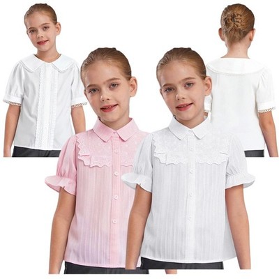 Kids Girls Blouse Park Top Short Puff Sleeves Shirt Party Vacation Basic School