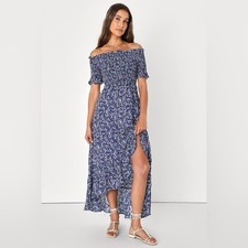 NWT Lulu's Fleur-Tation Blue Floral Print Off Shoulder Midi Dress