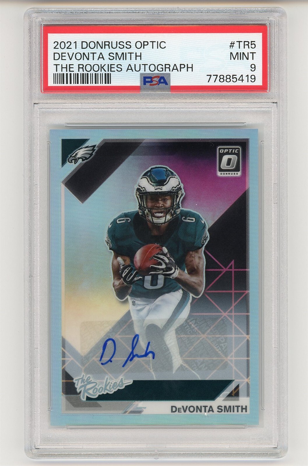DeVonta Smith 2021 Donruss Optic Football The Rookies Holo Auto #40/99 PSA 9