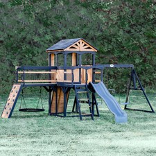 Timber Crossing Swing Set - Cedar Wood Outdoor Playset, Rock Wall, Slide, Swings
