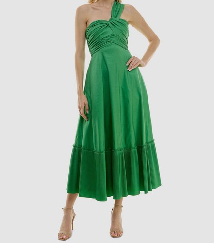 Taylor Women's Green Ruched Pleated Hem One-Shoulder Gown Dress Size 12.