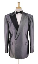 Sidohr Silver Check Silk Double Breasted Formal Masquerade Suit Handmade 44XL