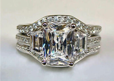 White Emerald Cut 3.60CT CZ Wedding Set Ring 14k White Gold Finish 925 ...