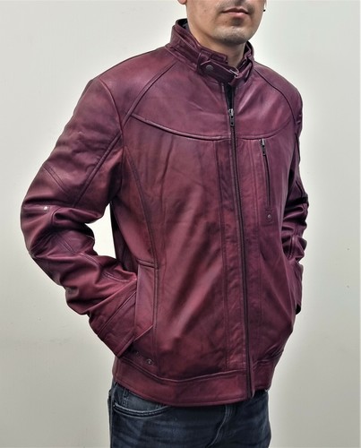 Uomo Vintage Rosso Bordeaux 100% Slim-Fit Giacca di pelle da Motociclista |  eBay