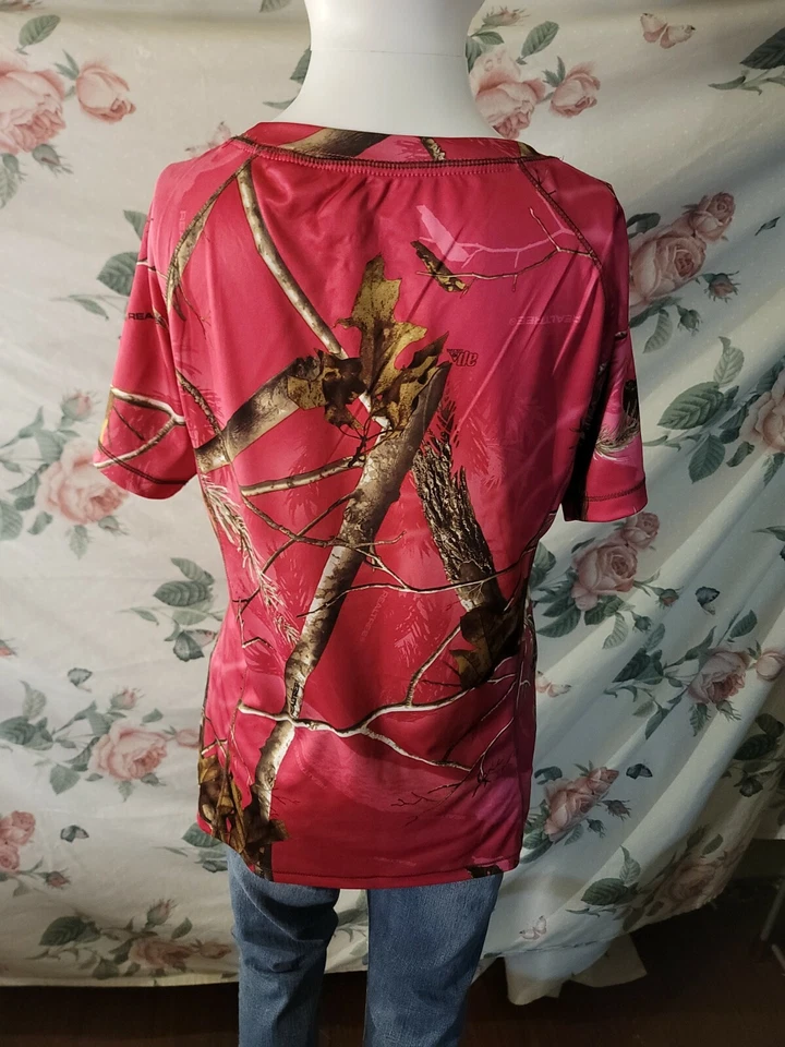 Realtree AP Dri More Tech Pink Short Sleeve Shirt Camo Leaves Sz M (8-10) - Image 3 of 4