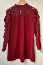 GIANNI BINI Red Burgundy Dress Small Boho Long Sleeves Ruffle Lace