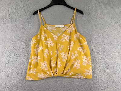 Lush Shirt Womens Large Yellow Floral Spaghetti Strap Crop Polyester V-Neck