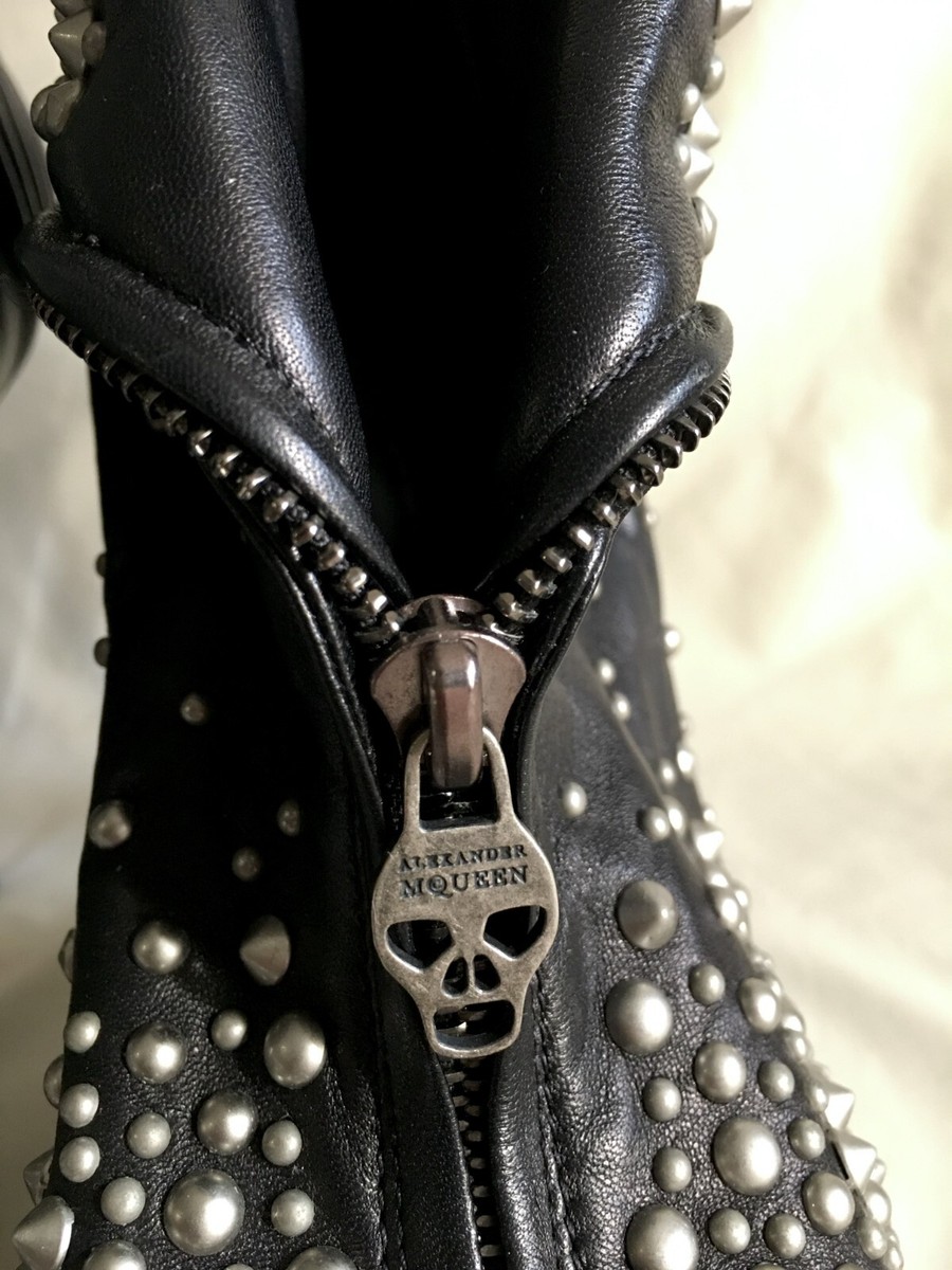 Alexander McQueen Black Leather Studded Faithful Skull Peep Toe