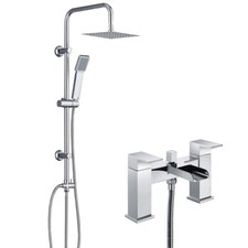 Chrome Waterfall Bath Shower Mixer Tap With 3 Way Square Rigid Riser Shower Kit