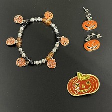 Vtg Halloween Jewelry Pumpkin/Jack o lantern Brooch, earrings and Bracelet