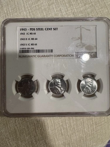 NGC MS 64 1943 P D S Steel Lincoln Wheat Small Cent Set Uncirculated