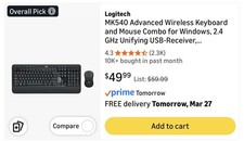 Logitech MK540 Advanced Wireless Keyboard Mouse Combo