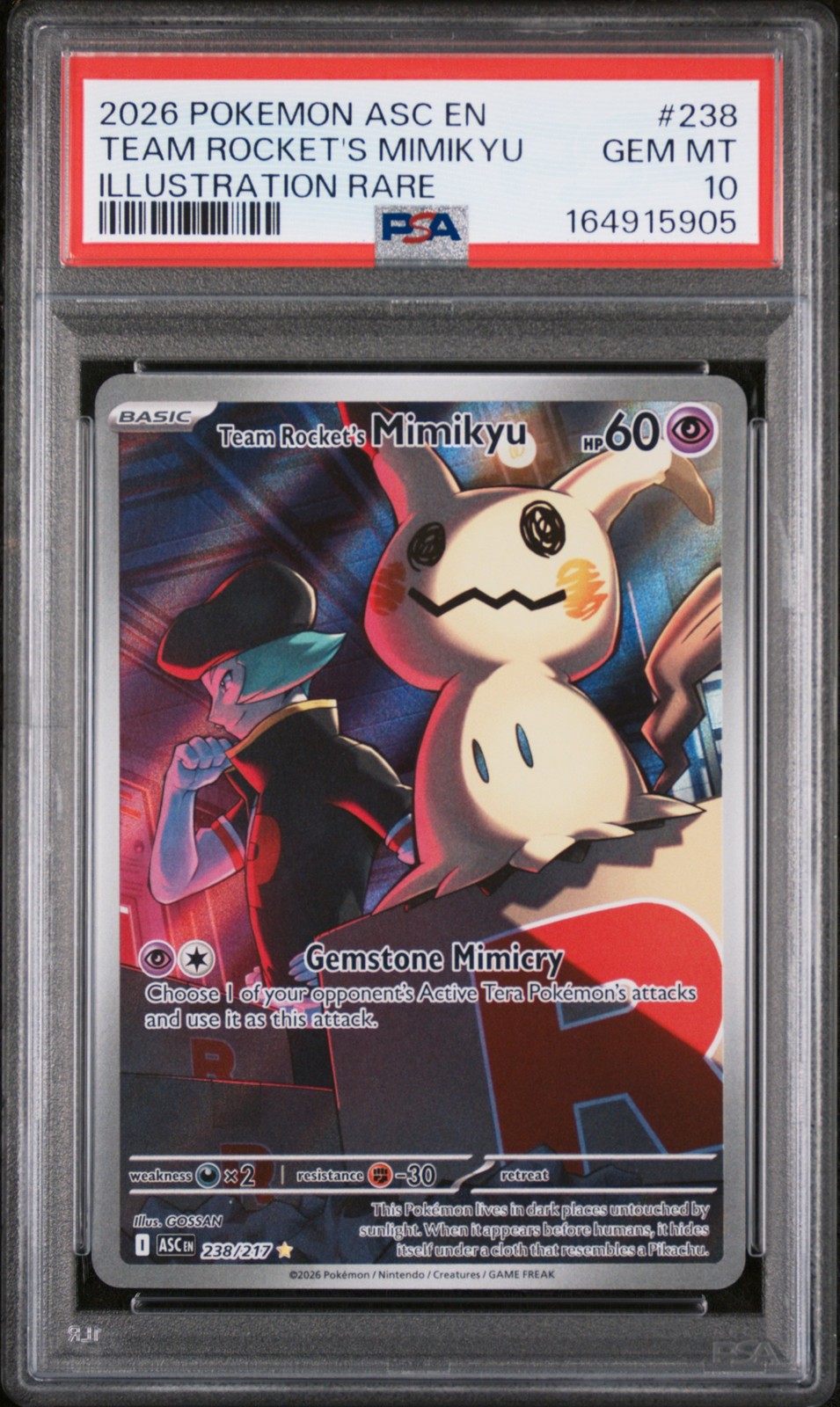 2026 POKEMON ASCENDED HEROES ILLUSTRATION RARE #238 TEAM ROCKET'S MIMIKYU PSA 10
