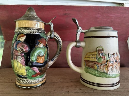 Lot of 2 Painted German Beer Steins with Hinged Pewter Lids