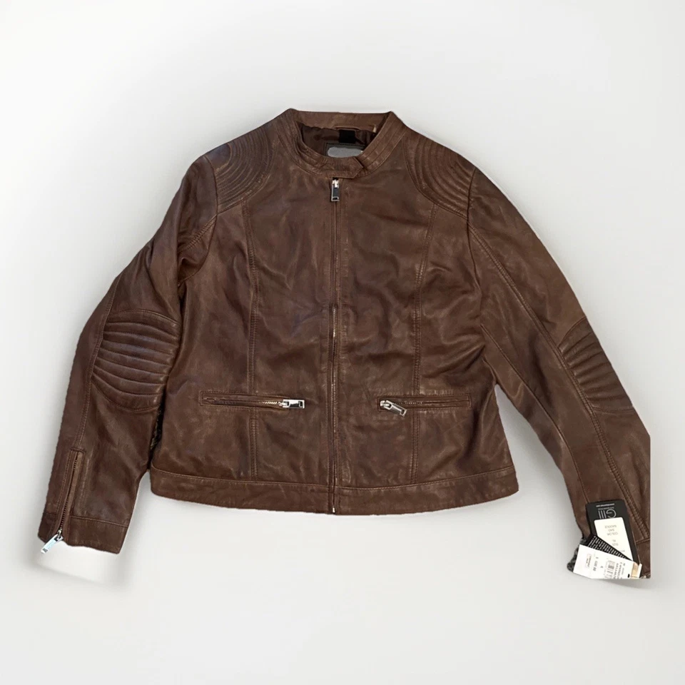 BR NUEVO CON ETIQUETAS Mujer Moda Motociclista Cuero Suave Marrón Chaqueta Talla XL Foto 2 de 4
