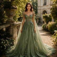 Fairy Sage Green Tulle Country Wedding Dress Cape Sleeve Lace Appliques A-Line