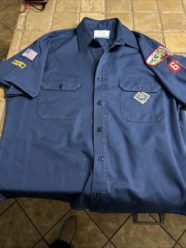 Vintage Boy Scouts of America Cub Scout Shirt Navy Blue Sz 16 1/2 Black Warrior