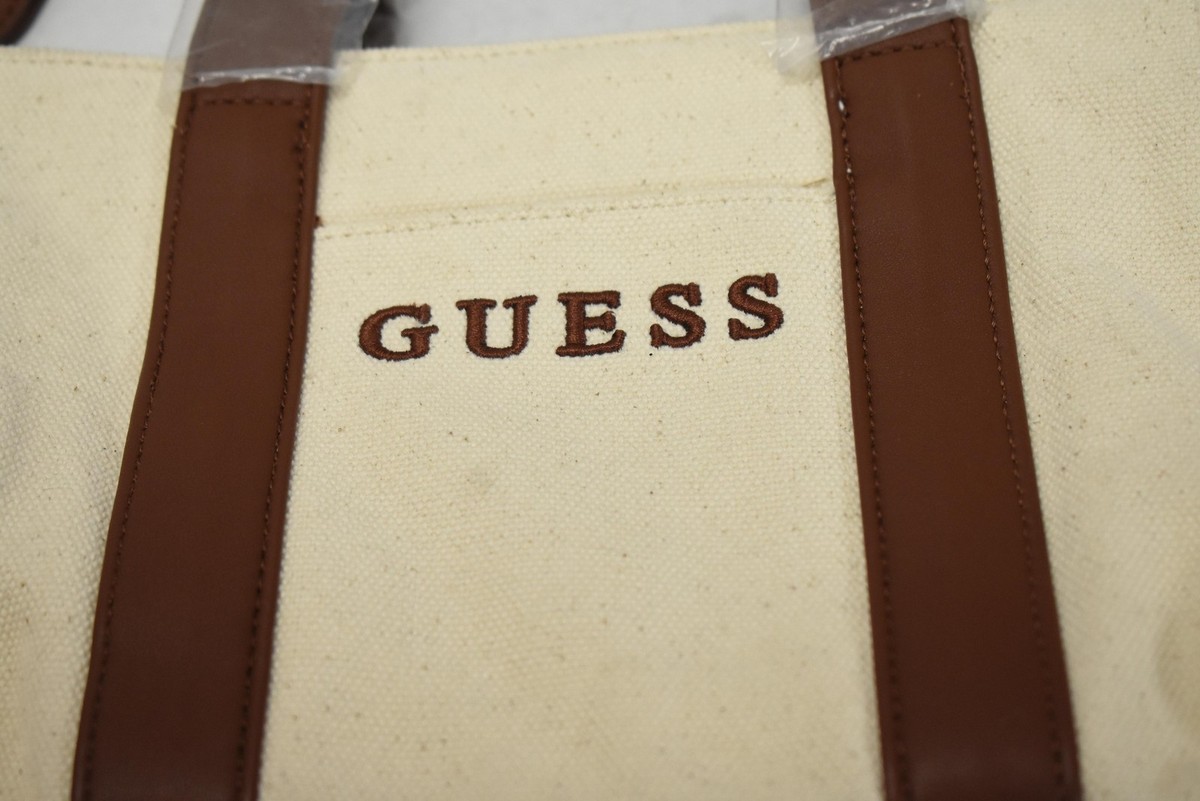 Guess YC Canvas Mini Tote Bag Womens Natural Brown Strap Crossbody