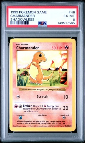 1999 POKEMON BASE SET SHADOWLESS #46 CHARMANDER PSA 6